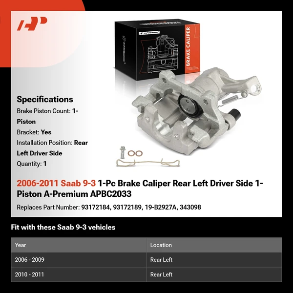 2006-2011 Saab 9-3 1-Pc Brake Caliper Rear Left Driver Side 1-Piston A-Premium APBC2033
