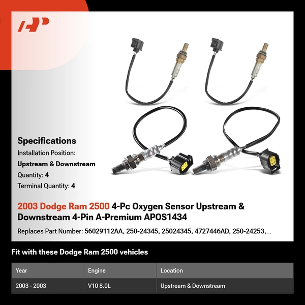 2003 Dodge Ram 2500 4-Pc Oxygen Sensor Upstream & Downstream 4-Pin A-Premium APOS1434