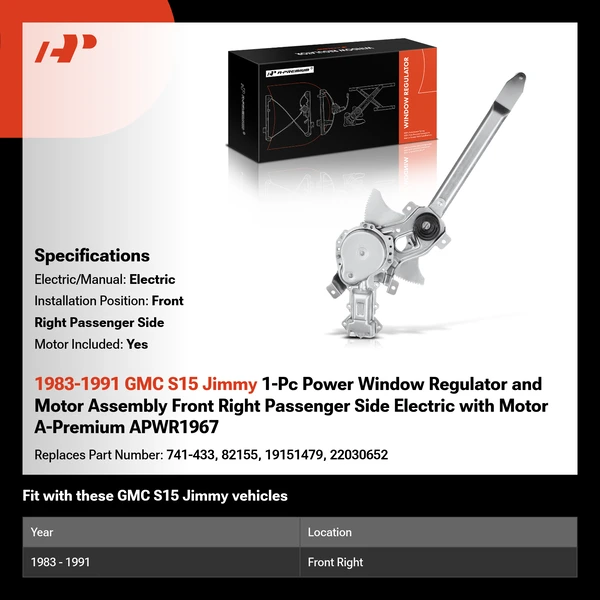 1983-1991 GMC S15 Jimmy 1-Pc Power Window Regulator and Motor Assembly Front Right Passenger Side Electric with Motor A-Premium APWR1967