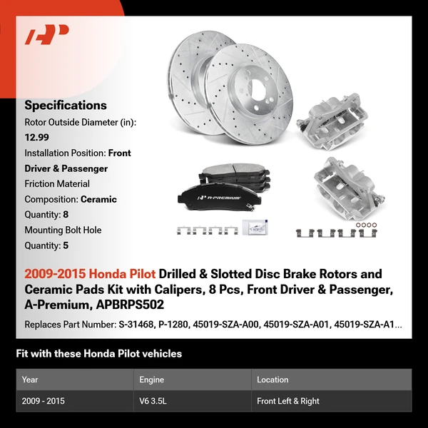 2009-2015 Honda Pilot Drilled & Slotted Disc Brake Rotors and Ceramic Pads Kit with Calipers, 8 Pcs, Front Driver & Passenger, A-Premium, APBRPS502