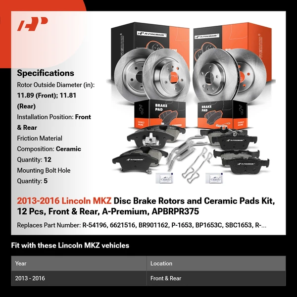 2013-2016 Lincoln MKZ Disc Brake Rotors and Ceramic Pads Kit, 12 Pcs, Front & Rear, A-Premium, APBRPR375