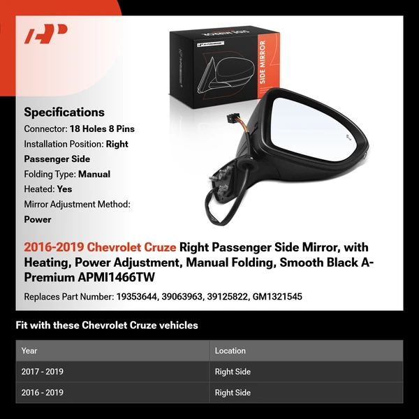 2016-2019 Chevrolet Cruze Right Passenger Side Mirror, with Heating, Power Adjustment, Manual Folding, Smooth Black A-Premium APMI1466TW