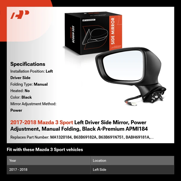 2017-2018 Mazda 3 Sport Left Driver Side Mirror, Power Adjustment, Manual Folding, Black A-Premium APMI184