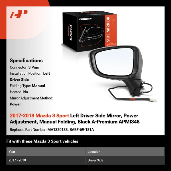2017-2018 Mazda 3 Sport Left Driver Side Mirror, Power Adjustment, Manual Folding, Black A-Premium APMI348