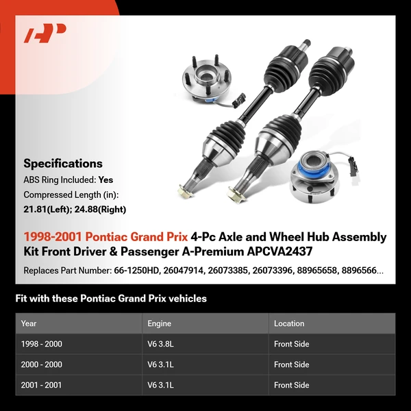 1998-2001 Pontiac Grand Prix 4-Pc Axle and Wheel Hub Assembly Kit Front Driver & Passenger A-Premium APCVA2437