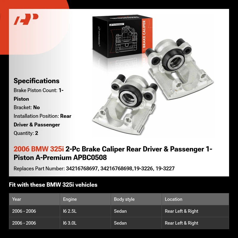 2006 BMW 325i 2-Pc Brake Caliper Rear Driver & Passenger 1-Piston A-Premium APBC0508