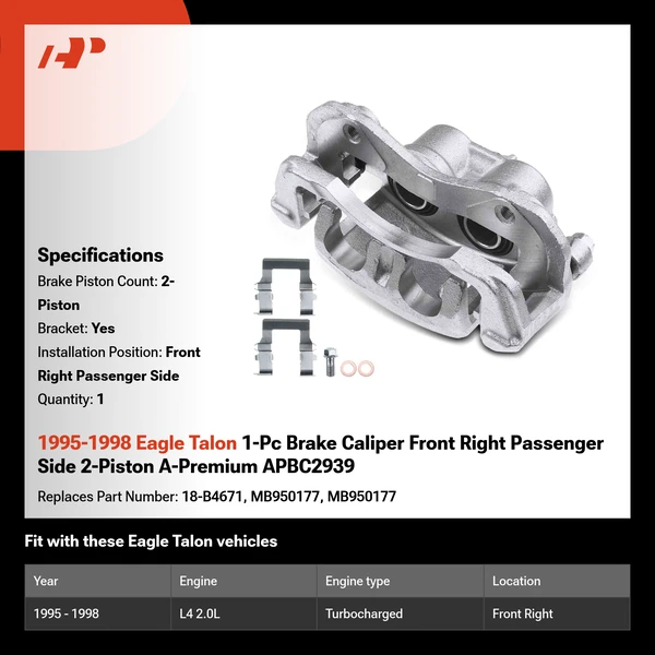 1995-1998 Eagle Talon 1-Pc Brake Caliper Front Right Passenger Side 2-Piston A-Premium APBC2939