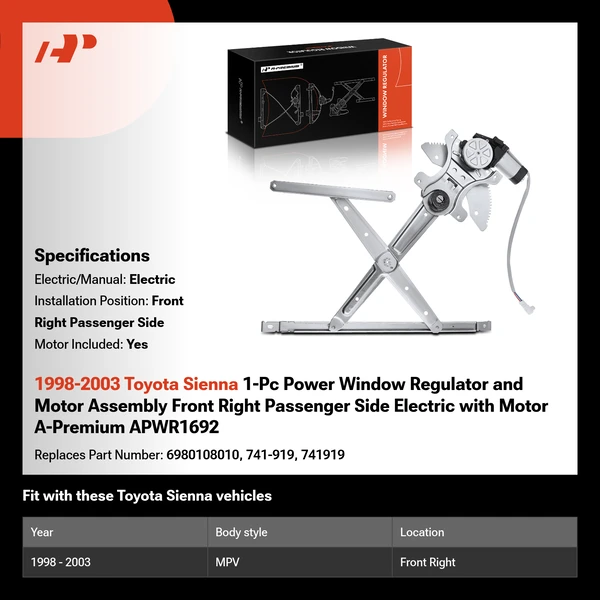 1998-2003 Toyota Sienna 1-Pc Power Window Regulator and Motor Assembly Front Right Passenger Side Electric with Motor A-Premium APWR1692