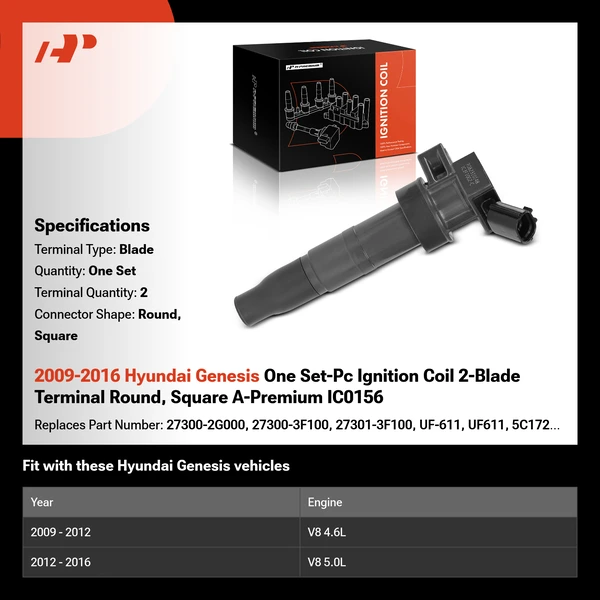 2009-2016 Hyundai Genesis One Set-Pc Ignition Coil 2-Blade Terminal Round, Square A-Premium IC0156