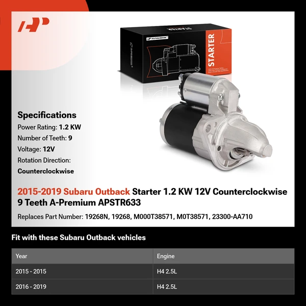 2015-2019 Subaru Outback Starter 1.2 KW 12V Counterclockwise 9 Teeth A-Premium APSTR633