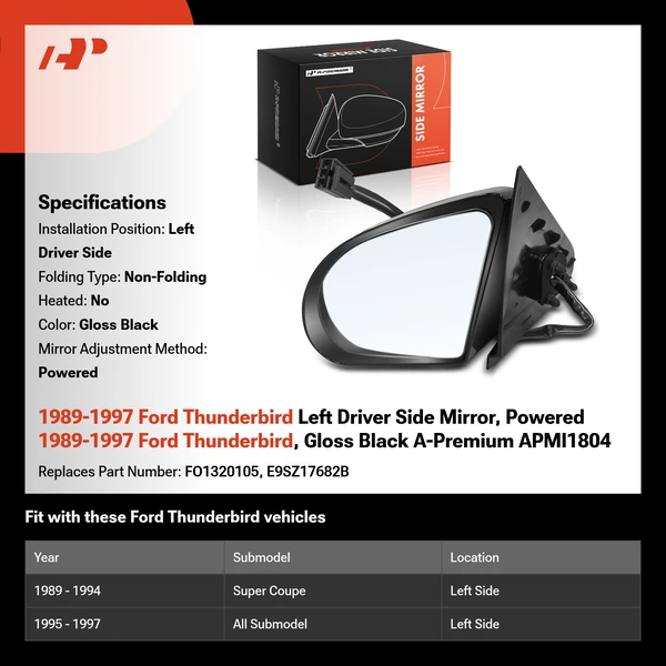 1989-1997 Ford Thunderbird Left Driver Side Mirror, Powered 1989-1997 Ford Thunderbird, Gloss Black A-Premium APMI1804