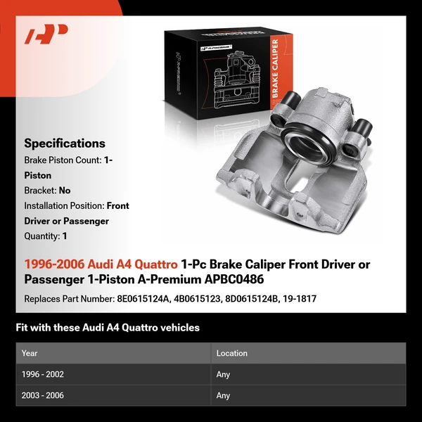 1996-2006 Audi A4 Quattro 1-Pc Brake Caliper Front Driver or Passenger 1-Piston A-Premium APBC0486