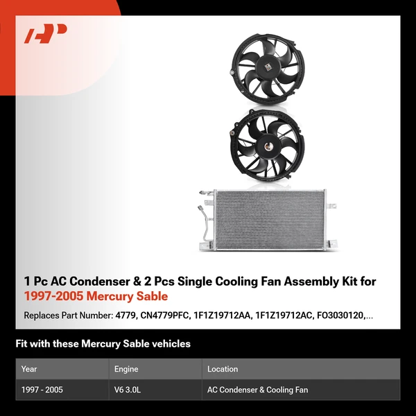 1 Pc AC Condenser & 2 Pcs Single Cooling Fan Assembly Kit for 1997-2005 Mercury Sable