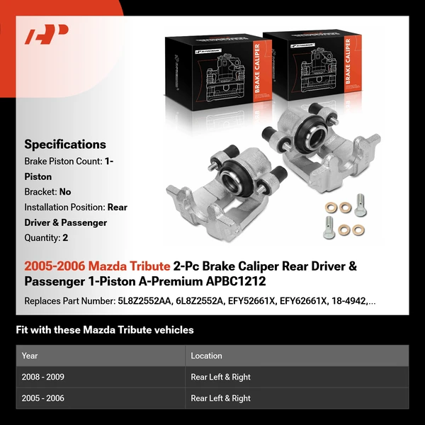 2005-2006 Mazda Tribute 2-Pc Brake Caliper Rear Driver & Passenger 1-Piston A-Premium APBC1212
