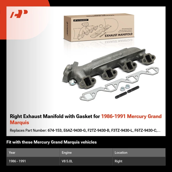 Right Exhaust Manifold with Gasket for 1986-1991 Mercury Grand Marquis