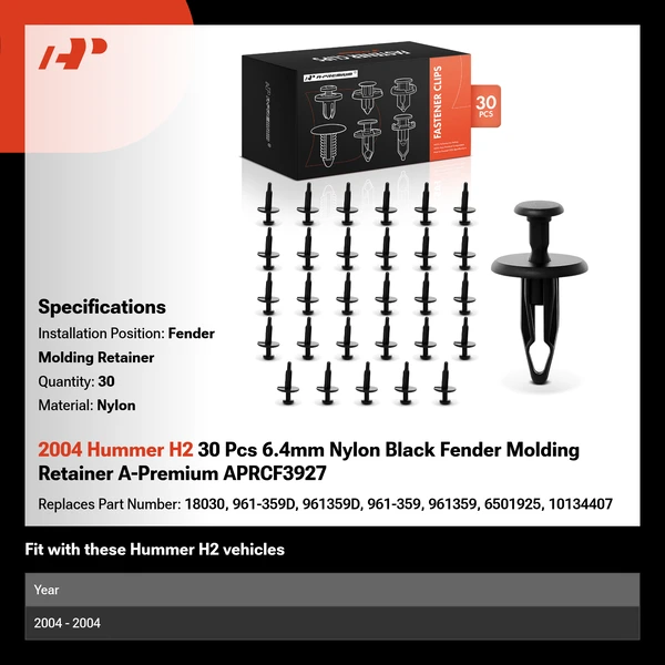 2004 Hummer H2 30 Pcs 6.4mm Nylon Black Fender Molding Retainer A-Premium APRCF3927