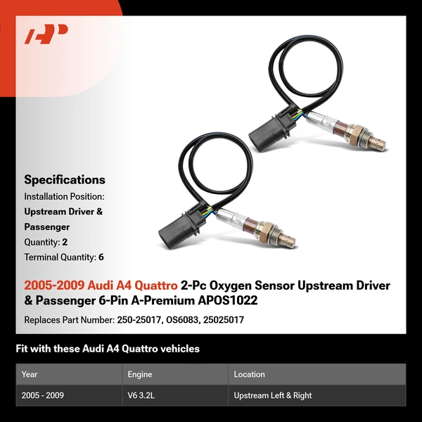 2005-2009 Audi A4 Quattro 2-Pc Oxygen Sensor Upstream Driver & Passenger 6-Pin A-Premium APOS1022