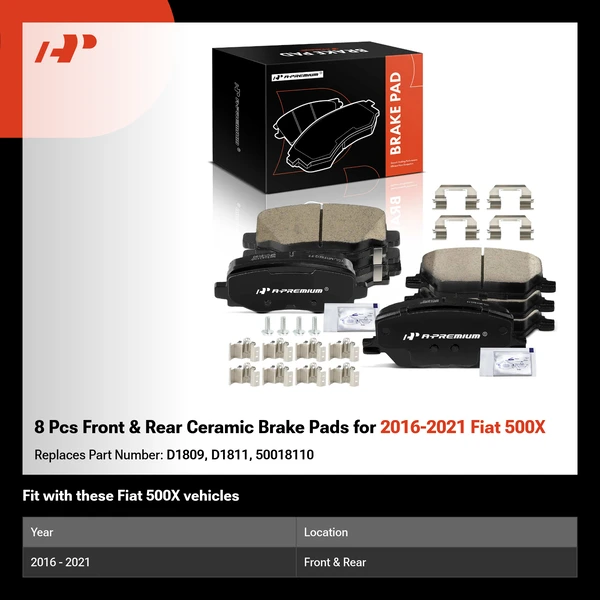 8 Pcs Front & Rear Ceramic Brake Pads for 2016-2021 Fiat 500X