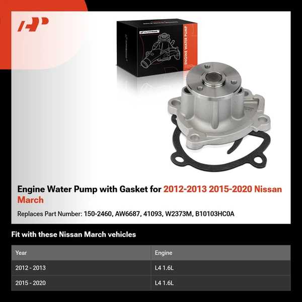 Engine Water Pump with Gasket for 2012-2013 2015-2020 Nissan March