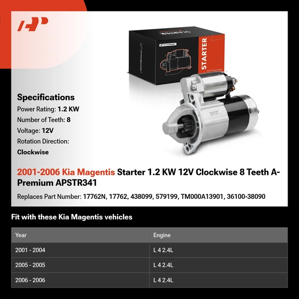 2001-2006 Kia Magentis Starter 1.2 KW 12V Clockwise 8 Teeth A-Premium APSTR341