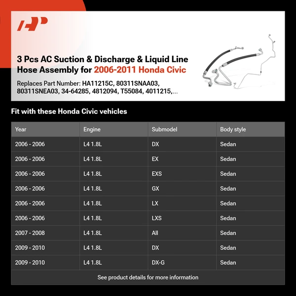 3 Pcs AC Suction & Discharge & Liquid Line Hose Assembly for 2006-2011 Honda Civic