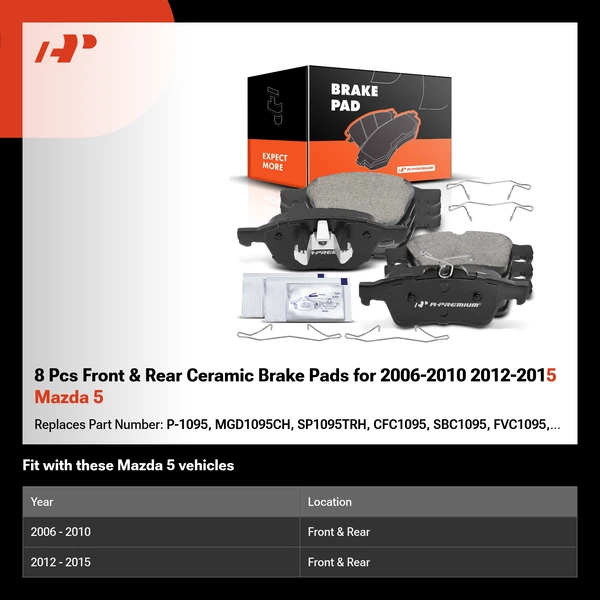 8 Pcs Front & Rear Ceramic Brake Pads for 2006-2010 2012-2015 Mazda 5