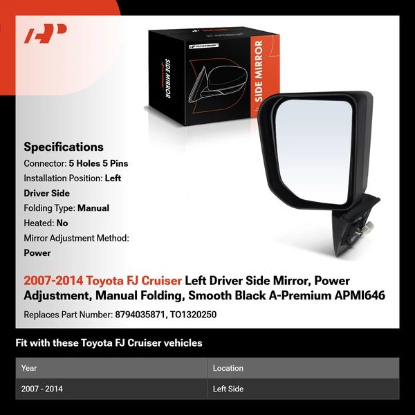 2007-2014 Toyota FJ Cruiser Left Driver Side Mirror, Power Adjustment, Manual Folding, Smooth Black A-Premium APMI646