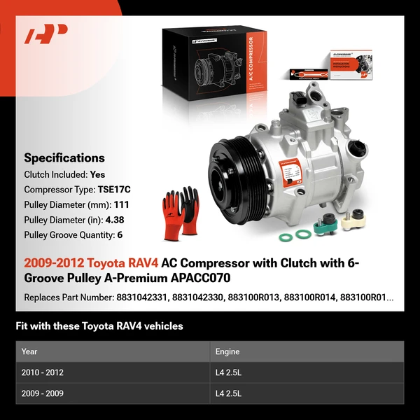2009-2012 Toyota RAV4 AC Compressor with Clutch with 6-Groove Pulley A-Premium APACC070