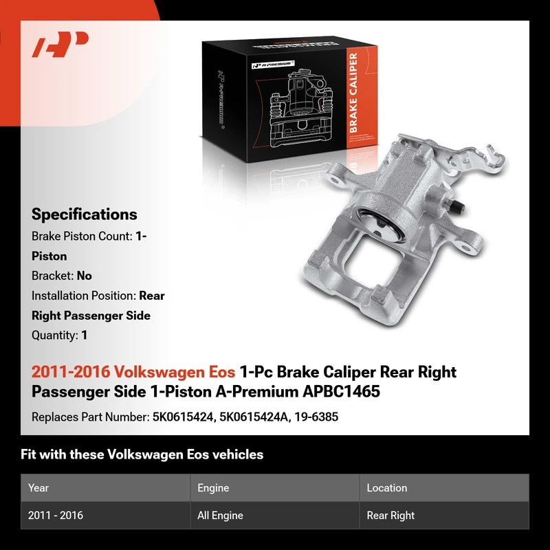 2011-2016 Volkswagen Eos 1-Pc Brake Caliper Rear Right Passenger Side 1-Piston A-Premium APBC1465
