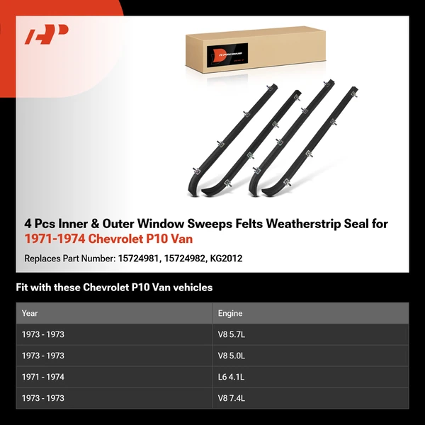 4 Pcs Inner & Outer Window Sweeps Felts Weatherstrip Seal for 1971-1974 Chevrolet P10 Van