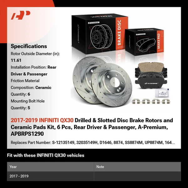 2017-2019 INFINITI QX30 Drilled & Slotted Disc Brake Rotors and Ceramic Pads Kit, 6 Pcs, Rear Driver & Passenger, A-Premium, APBRPS1290