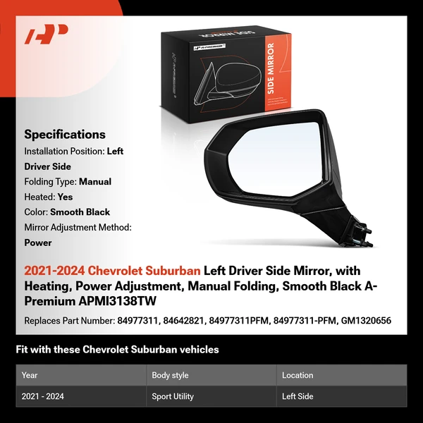 2021-2024 Chevrolet Suburban Left Driver Side Mirror, with Heating, Power Adjustment, Manual Folding, Smooth Black A-Premium APMI3138TW