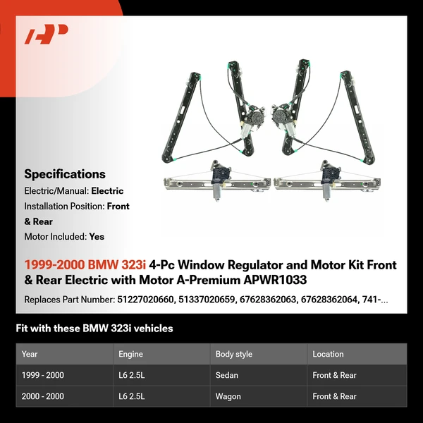 1999-2000 BMW 323i 4-Pc Window Regulator and Motor Kit Front & Rear Electric with Motor A-Premium APWR1033