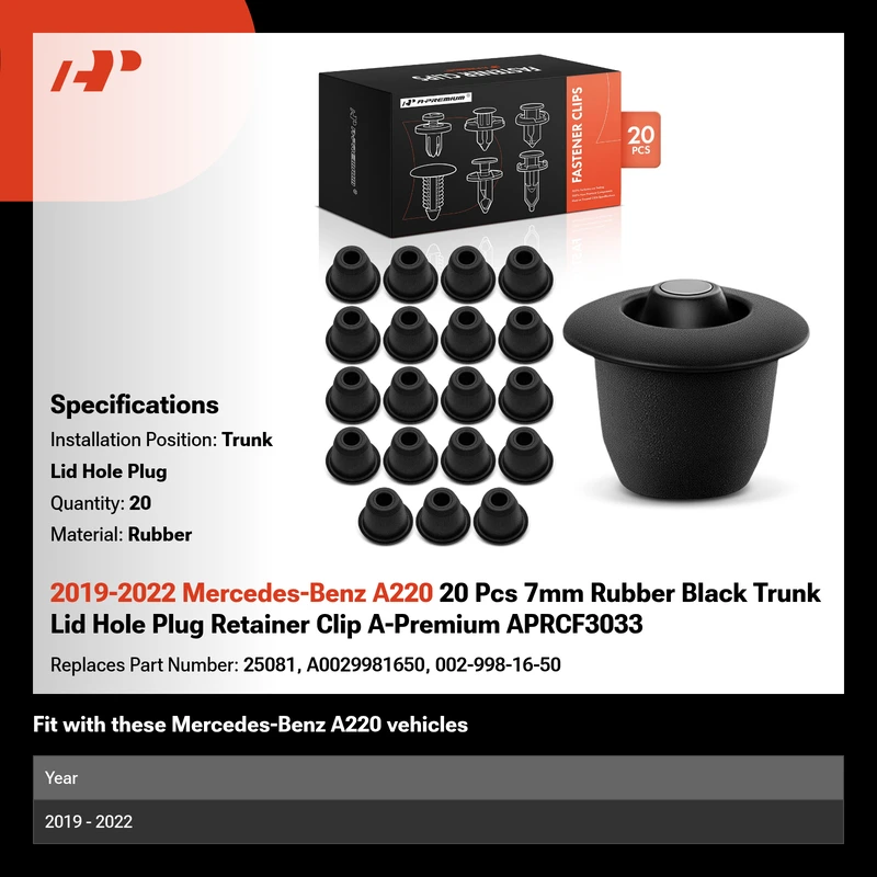 2019-2022 Mercedes-Benz A220 20 Pcs 7mm Rubber Black Trunk Lid Hole Plug Retainer Clip A-Premium APRCF3033