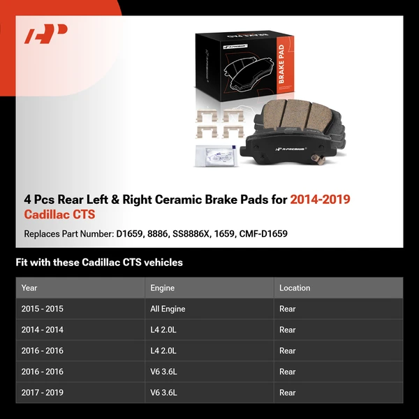 4 Pcs Rear Left & Right Ceramic Brake Pads for 2014-2019 Cadillac CTS