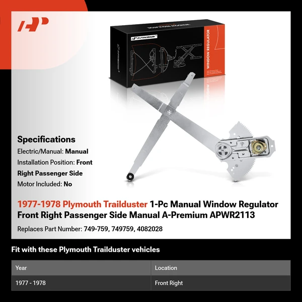 1977-1978 Plymouth Trailduster 1-Pc Manual Window Regulator Front Right Passenger Side Manual A-Premium APWR2113