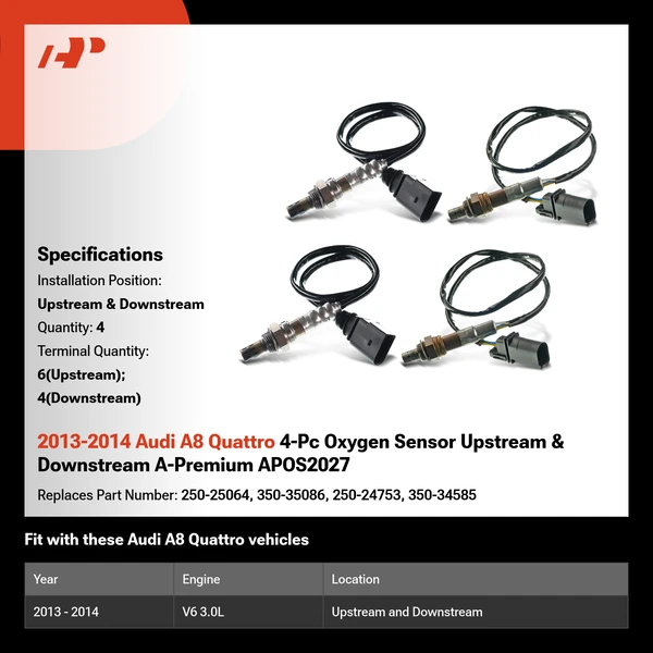 2013-2014 Audi A8 Quattro 4-Pc Oxygen Sensor Upstream & Downstream A-Premium APOS2027