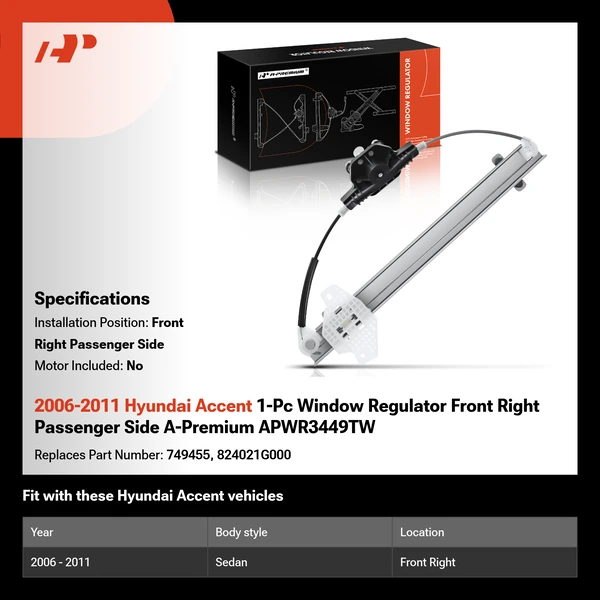 2006-2011 Hyundai Accent 1-Pc Window Regulator Front Right Passenger Side A-Premium APWR3449TW