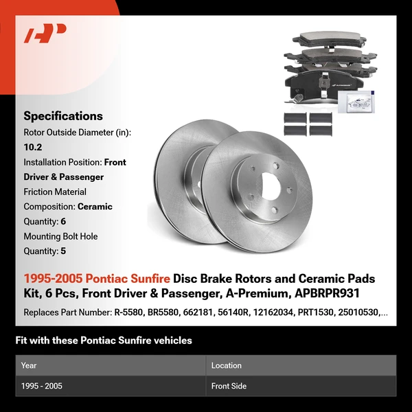 1995-2005 Pontiac Sunfire Disc Brake Rotors and Ceramic Pads Kit, 6 Pcs, Front Driver & Passenger, A-Premium, APBRPR931