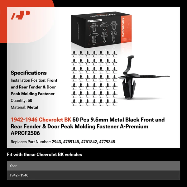 1942-1946 Chevrolet BK 50 Pcs 9.5mm Metal Black Front and Rear Fender & Door Peak Molding Fastener A-Premium APRCF2506