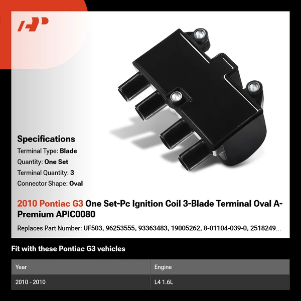 2010 Pontiac G3 One Set-Pc Ignition Coil 3-Blade Terminal Oval A-Premium APIC0080