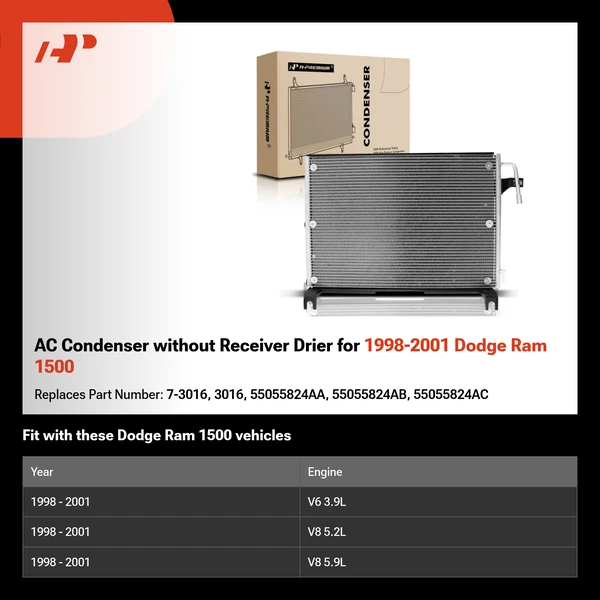 AC Condenser without Receiver Drier for 1998-2001 Dodge Ram 1500