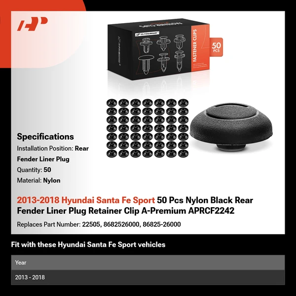 2013-2018 Hyundai Santa Fe Sport 50 Pcs Nylon Black Rear Fender Liner Plug Retainer Clip A-Premium APRCF2242