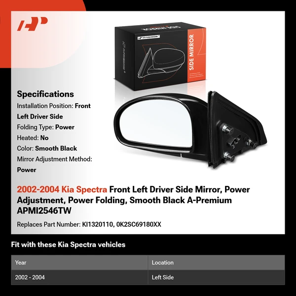 2002-2004 Kia Spectra Front Left Driver Side Mirror, Power Adjustment, Power Folding, Smooth Black A-Premium APMI2546TW