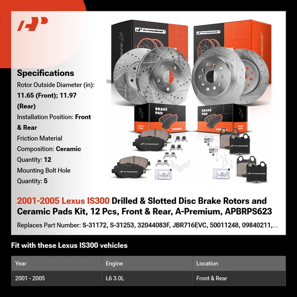2001-2005 Lexus IS300 Drilled & Slotted Disc Brake Rotors and Ceramic Pads Kit, 12 Pcs, Front & Rear, A-Premium, APBRPS623