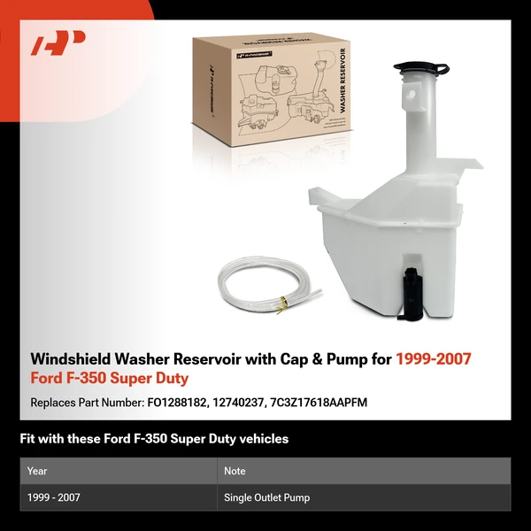 Windshield Washer Reservoir with Cap & Pump for 1999-2007 Ford F-350 Super Duty