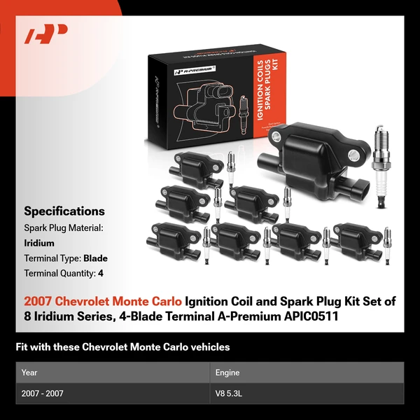 2007 Chevrolet Monte Carlo Ignition Coil and Spark Plug Kit Set of 8 Iridium Series, 4-Blade Terminal A-Premium APIC0511