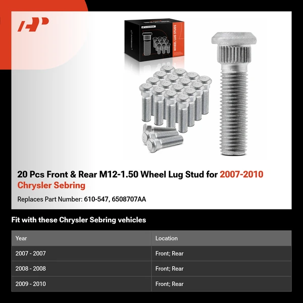 20 Pcs Front & Rear M12-1.50 Wheel Lug Stud for 2007-2010 Chrysler Sebring