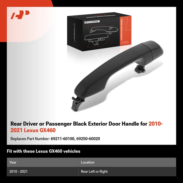 Rear Driver or Passenger Black Exterior Door Handle for 2010-2021 Lexus GX460