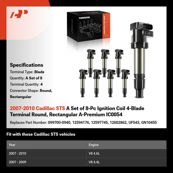 2007-2010 Cadillac STS A Set of 8-Pc Ignition Coil 4-Blade Terminal Round, Rectangular A-Premium IC0054